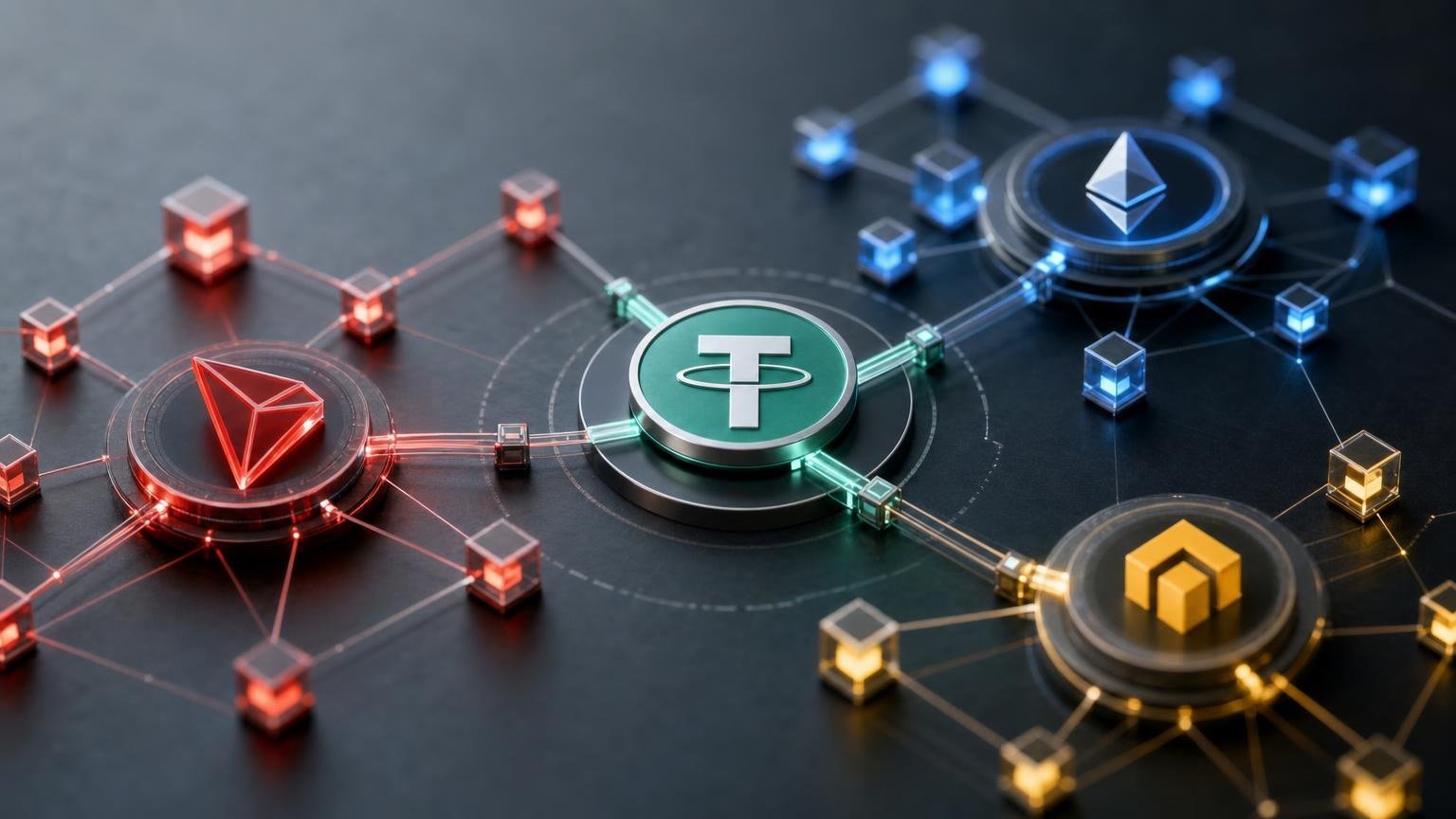 Comparación visual de USDT en las redes TRON, Ethereum y BNB Smart Chain con criterios de coste, compatibilidad y seguridad